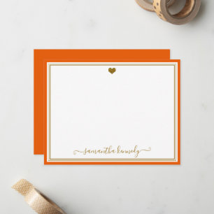 Trendy Orange And Gold Heart Custom Name Note Card