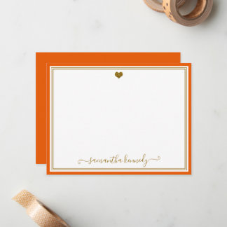 Trendy Orange  And Gold Heart Custom Name Note Card