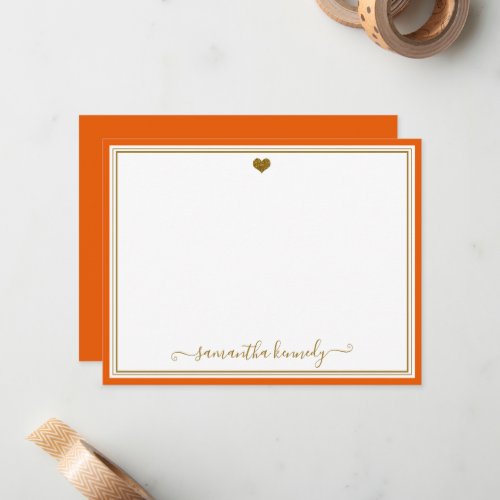 Trendy Orange  And Gold Heart Custom Name Note Card