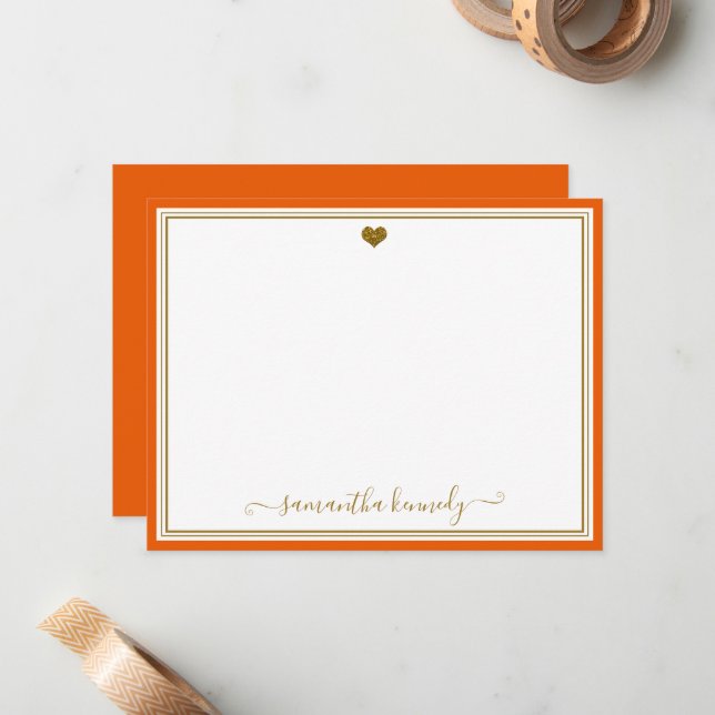 Trendy Orange  And Gold Heart Custom Name Note Card (Front/Back In Situ)