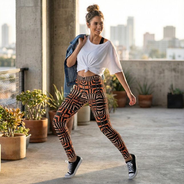 Trendy Orange Black Geometric Op Art Retro Mosaic Leggings (Creator Uploaded)