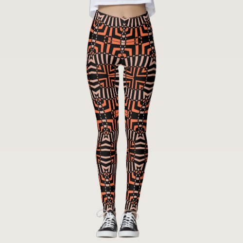 Trendy Orange  Black Op Art Geometric Pattern Leggings