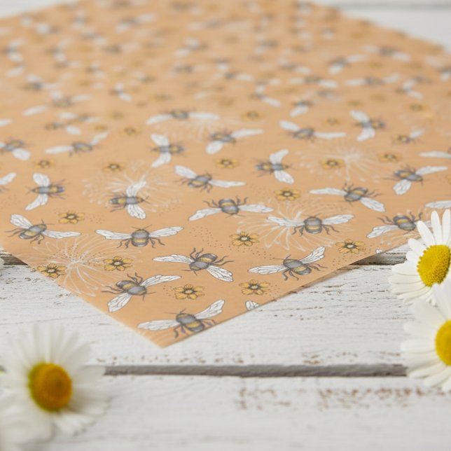 Trendy Orange Buzzing Honeybee for Spring & Summer Tissue Paper (Chic Burnt Orange Floral Bee Tissue Paper. Yellow & Black Honey Bees & Daisy Flowers Insect Pattern)