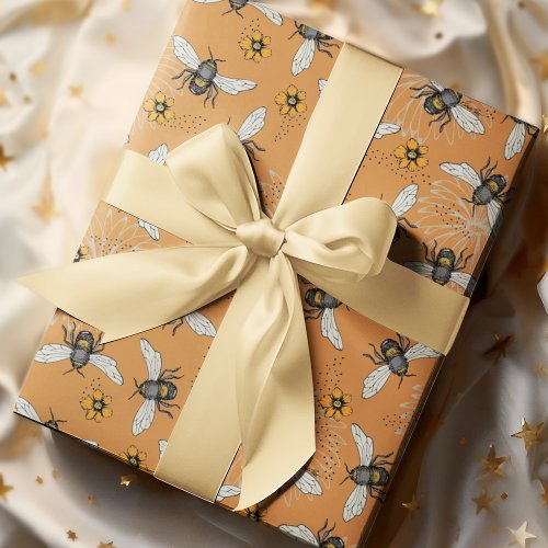 Trendy Orange Buzzing Honeybee for Spring  Summer Wrapping Paper
