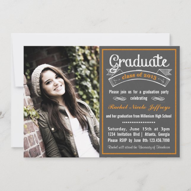Trendy Orange Chalkboard Typography Graduation Invitation (Front)