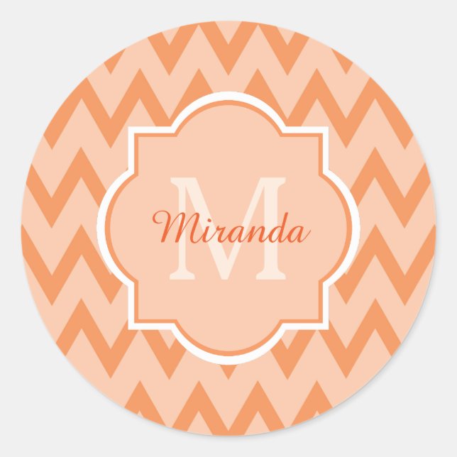 Trendy Orange Chevron Zigzag Name and Monogram Classic Round Sticker (Front)