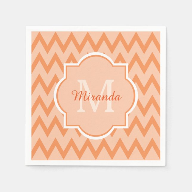 Trendy Orange Chevron Zigzag Name and Monogram Paper Napkins (Front)