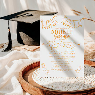 Trendy Orange Doodle Double Graduation Party Invitation