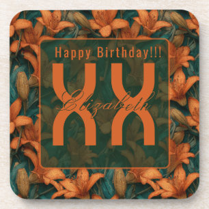 Trendy Orange Lilies Sparkle Adult Birthday Beverage Coaster