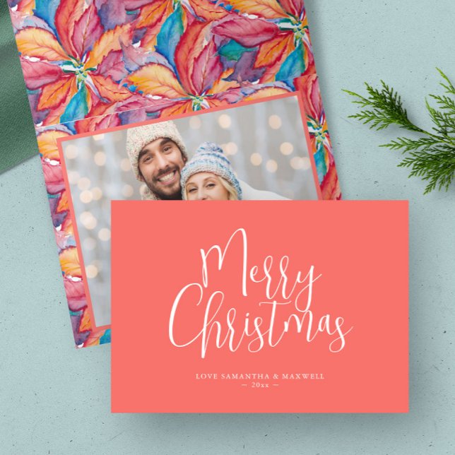 Trendy Orange Merry Christmas Holiday Card (Christmas card unique folded watercolor art and design by Victoria Grigaliunas of Do Tell A Belle)