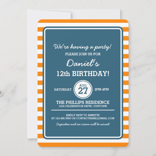 Trendy Orange/Navy Stripes Party Invitation (Front)