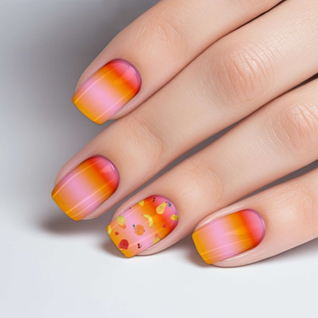 Trendy Orange Ombre Mix Cute Fruits Minx Nail Art (The fashionable and trendy orange tie dye ombre design mix cute fun small fruits nails art decals.)