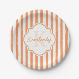 Trendy Orange Painted Stripes Monogram and Name Paper Plates