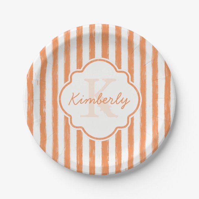 Trendy Orange Painted Stripes Monogram and Name Paper Plates (Front)