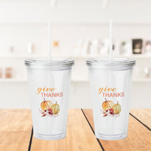 Trendy Orange & Red Give Thanks & Pumpkin Acrylic Tumbler