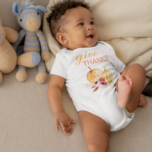 Trendy Orange & Red Give Thanks & Pumpkin Baby Bodysuit