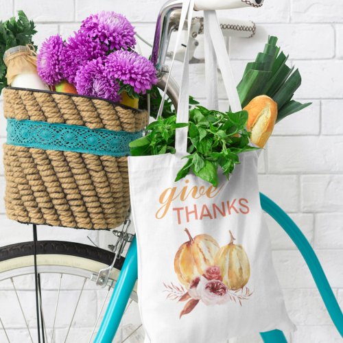 Trendy Orange  Red Give Thanks  Pumpkin Grocery Bag