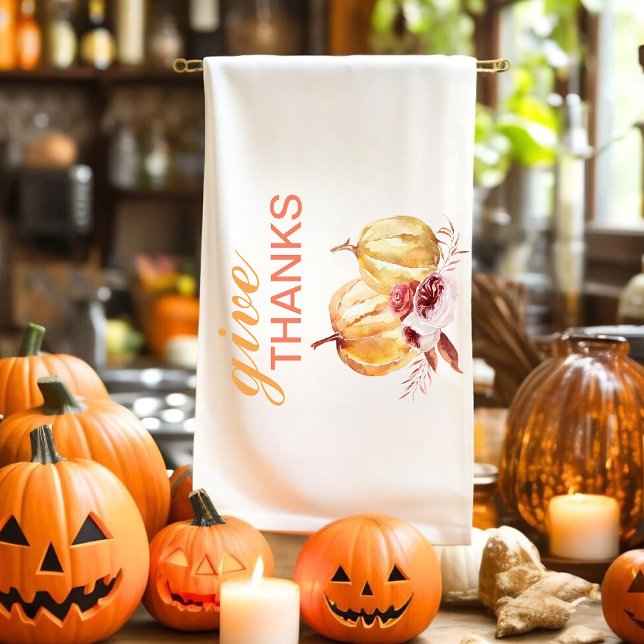 Trendy Orange & Red Give Thanks & Pumpkin Kitchen Towel (Creator Uploaded)