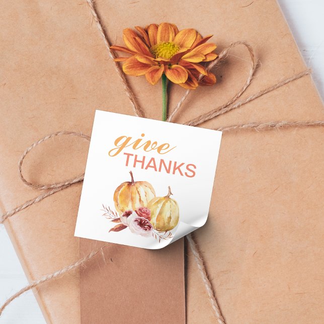 Trendy Orange & Red Give Thanks & Pumpkin Square Sticker (Creator Uploaded)