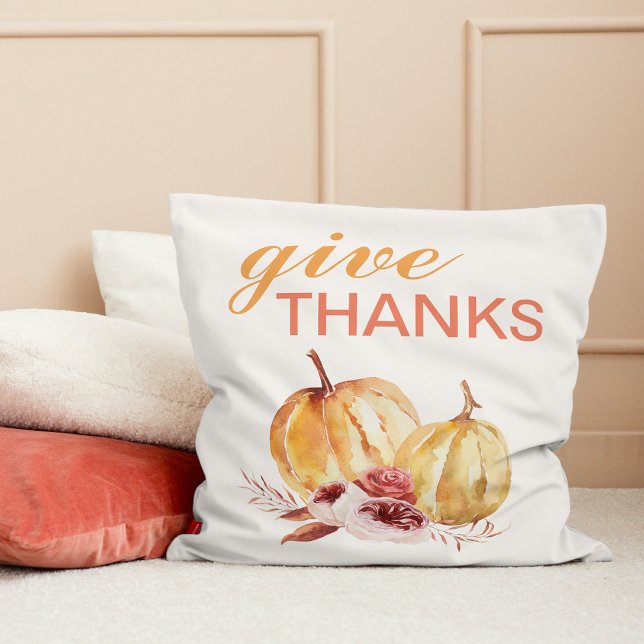 Trendy Orange & Red Give Thanks & Pumpkin Throw Pillow (Creator Uploaded)