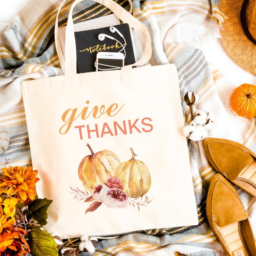 Trendy Orange  Red Give Thanks  Pumpkin Tote Bag