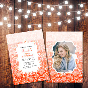 Trendy Orange Stripes Floral Photo Birthday Invitation
