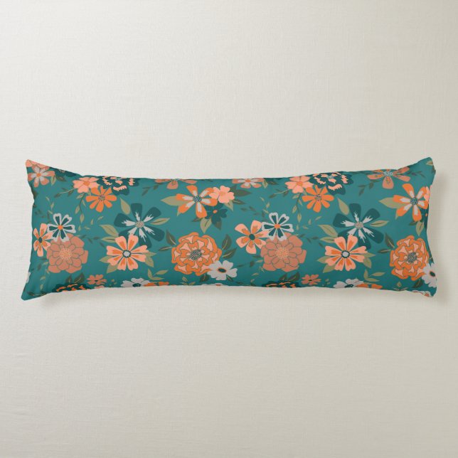 Trendy Orange Teal Pattern Flowers Vines Body Pillow (Front)