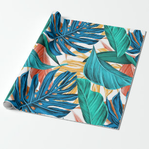 Trendy Orange Yellow Green Tropical Jungle Leaves Wrapping Paper