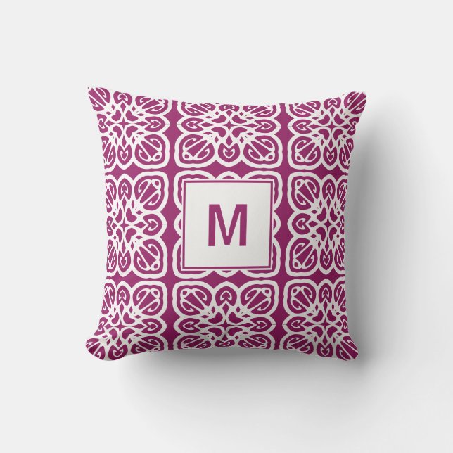 Trendy Orchid Flower Geometric Boho Monogram Throw Pillow (Front)
