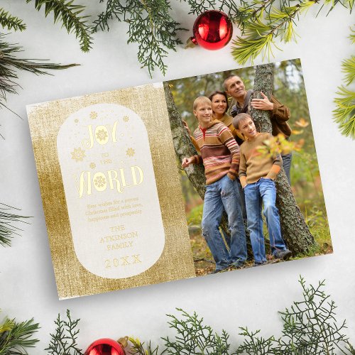 Trendy Oval Joy To The World Photo Golden Textured Foil Holiday Card