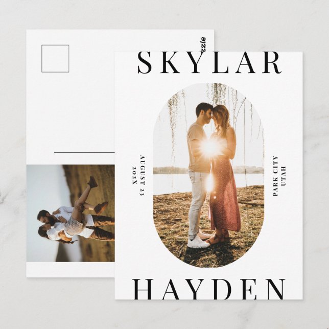 Trendy Oval Photo Modern Save the Date Postcard (Front/Back)