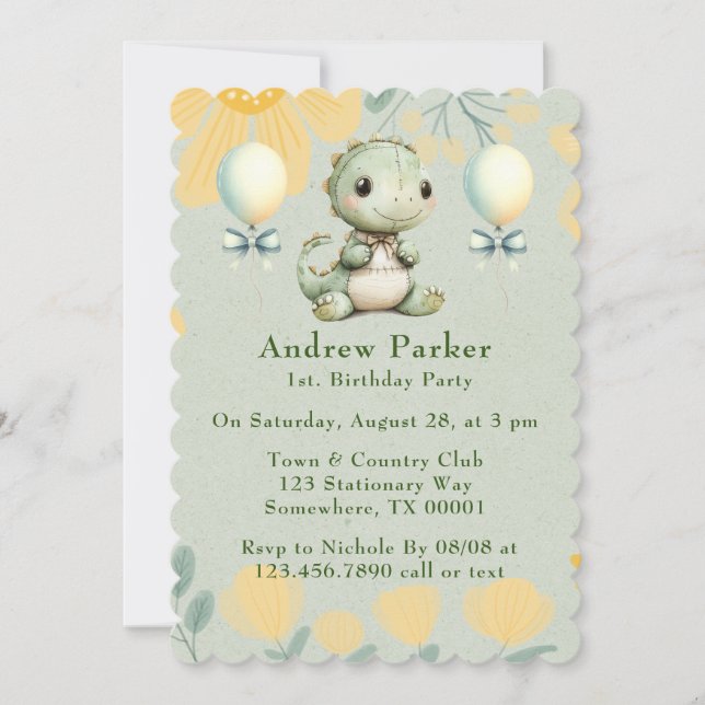 Trendy Painted Green Dinosaur 1st Birthday Party Invitation (Front)