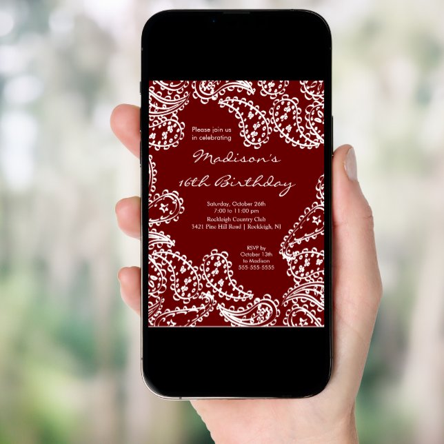 Trendy Paisley Sweet Sixteen Birthday Invitation (Front Digital)