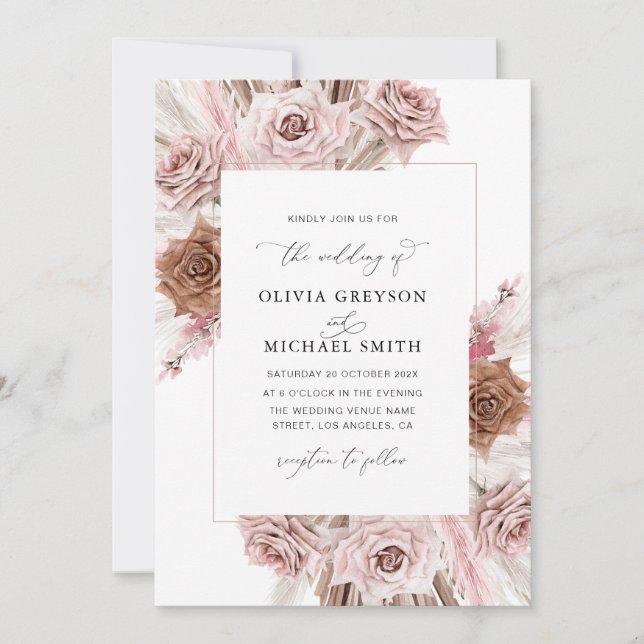 trendy pampas dusty pink wedding invitation (Front)