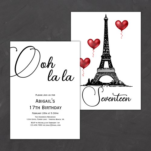 Trendy Paris Eiffel Tower Red Balloons Birthday Invitation