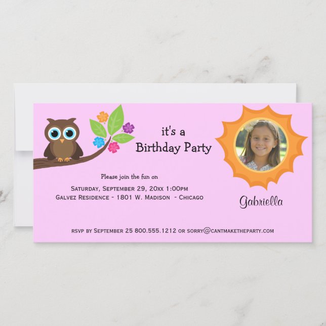 Trendy Party Owl Photo Invite Pink Background (Front)