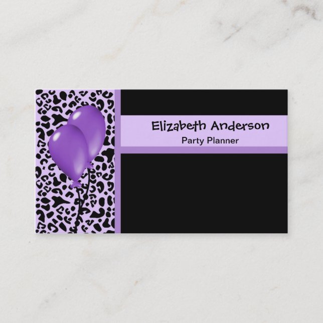 Trendy Party Planner Purple and Black Leopard Business Card (Front)