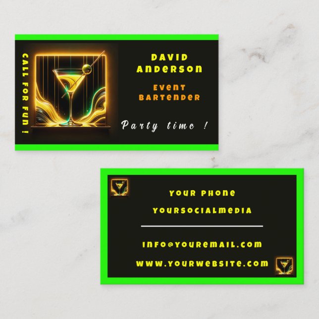 Trendy Party Time Neon Personalized Professional Business Card (Front/Back)