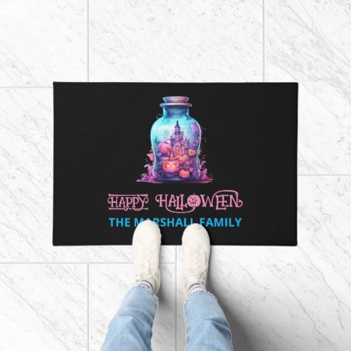 Trendy pastel blue and pastel pink Halloween Party Doormat