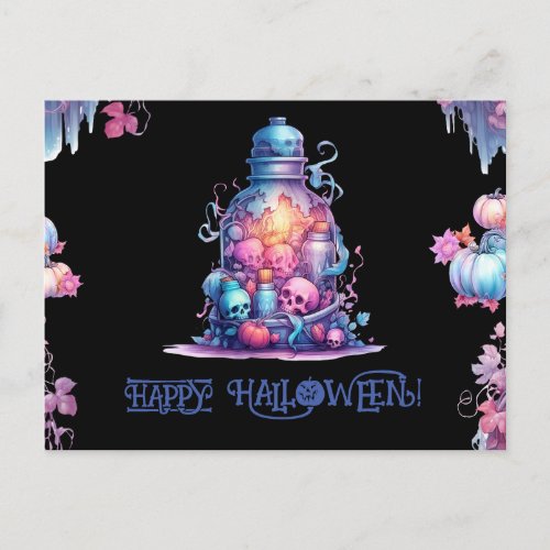 Trendy pastel blue and pastel pink Halloween Party Postcard