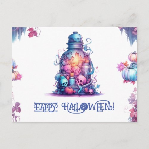 Trendy pastel blue and pastel pink Halloween Party Postcard