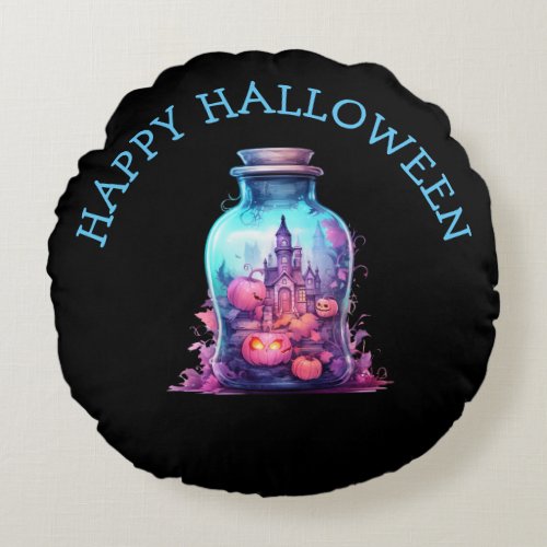 Trendy pastel blue and pastel pink Halloween Party Round Pillow