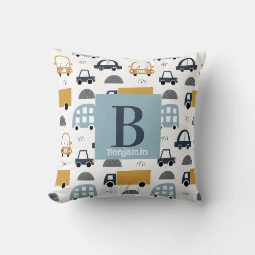 Trendy pastel blue Baby Monogram Car Pattern Throw Pillow