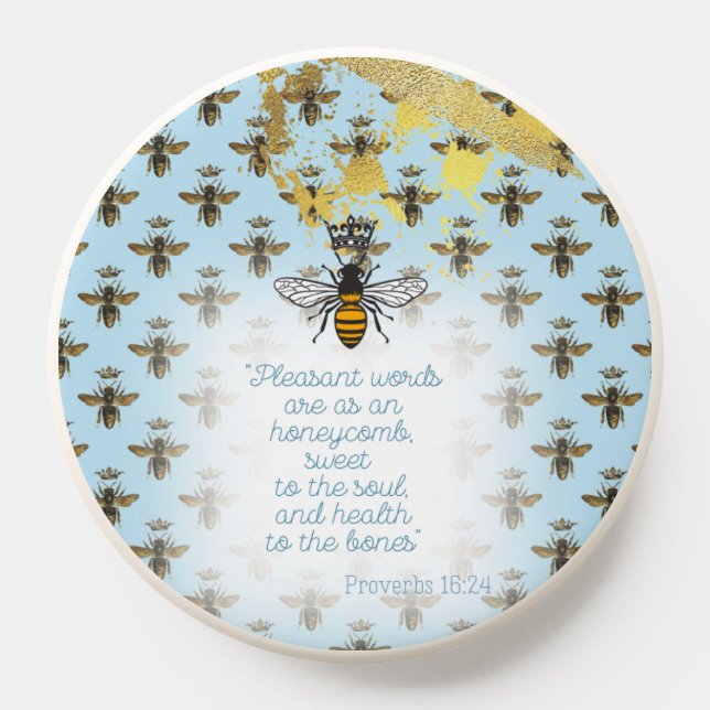 Trendy Pastel Blue Gold Bee Grid Bible Queen Bee PopSocket (Popsocket)