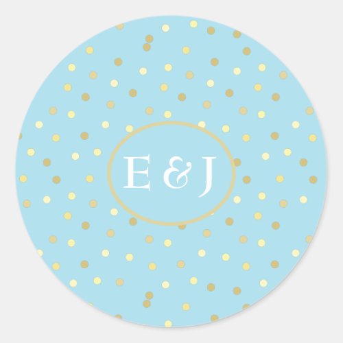 Trendy Pastel Blue Gold Confetti Dots Personalized Classic Round Sticker