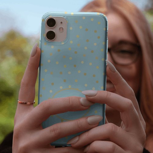 Trendy Pastel Blue Gold Confetti Dots Personalized iPhone 13 Pro Max Case