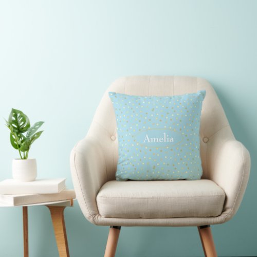 Trendy Pastel Blue Gold Confetti Dots  Throw Pillow