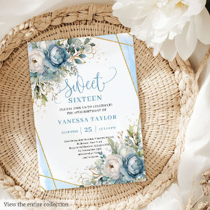 Trendy Pastel Blue White Floral Sweet Sixteen Invitation