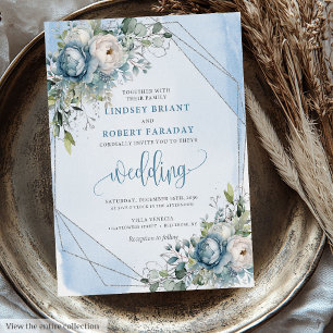 Trendy Pastel Blue White Silver Flowers Wedding Invitation
