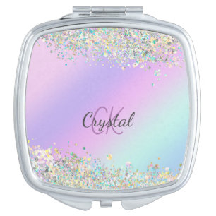 Trendy Pastel Holographic Rainbow Glitter  Compact Mirror